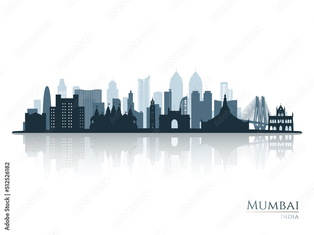 Mumbai skyline silhouette with reflection. Landscape Mumbai, India. Vector illustration.