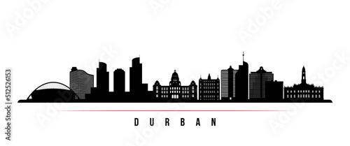 Durban skyline horizontal banner. Black and white silhouette of Durban, South Africa. Vector template for your design. photo