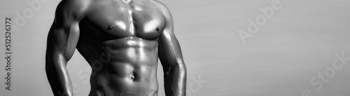 Fotografie Banner templates with muscular man, muscular torso, six pack abs muscle