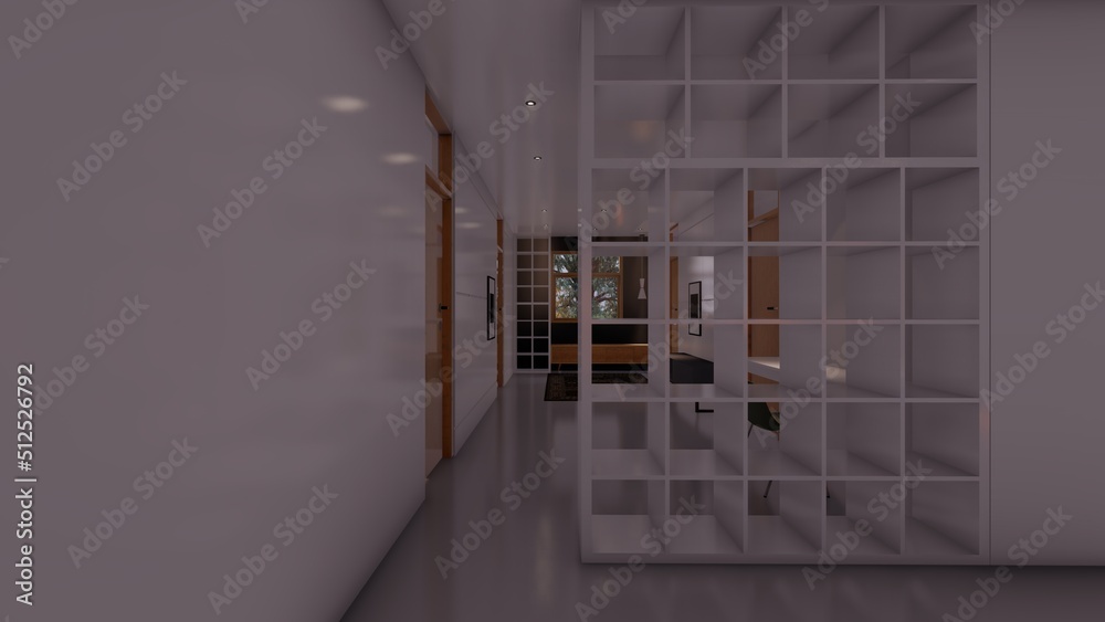 corridor design interior inspiration with rack 3d illustration