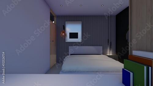 bedroom design with empty photo frame mock up interior inspiration light on 3d illustration