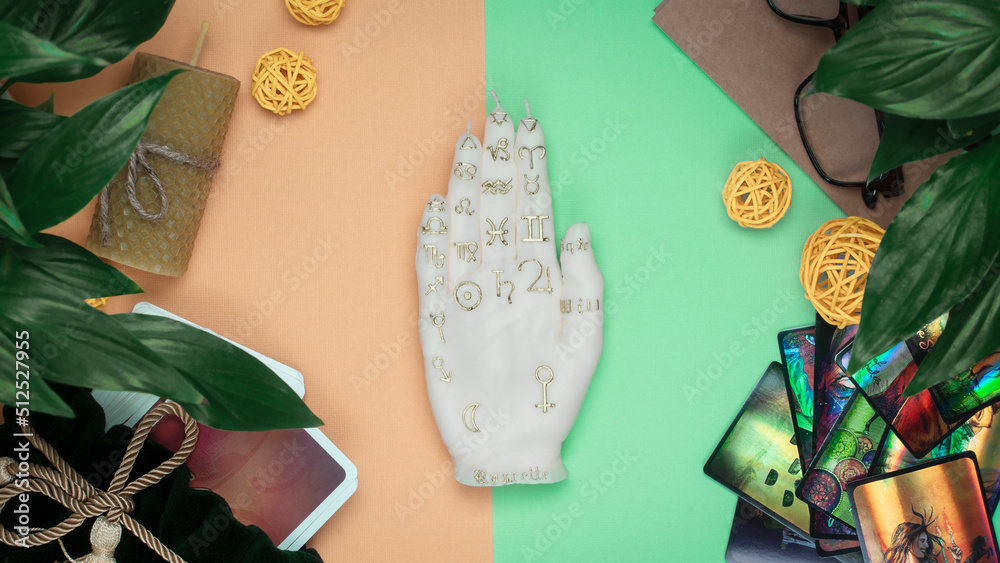 Obraz premium Ritual with tarot cards or fortune telling with occult and esoteric symbols.