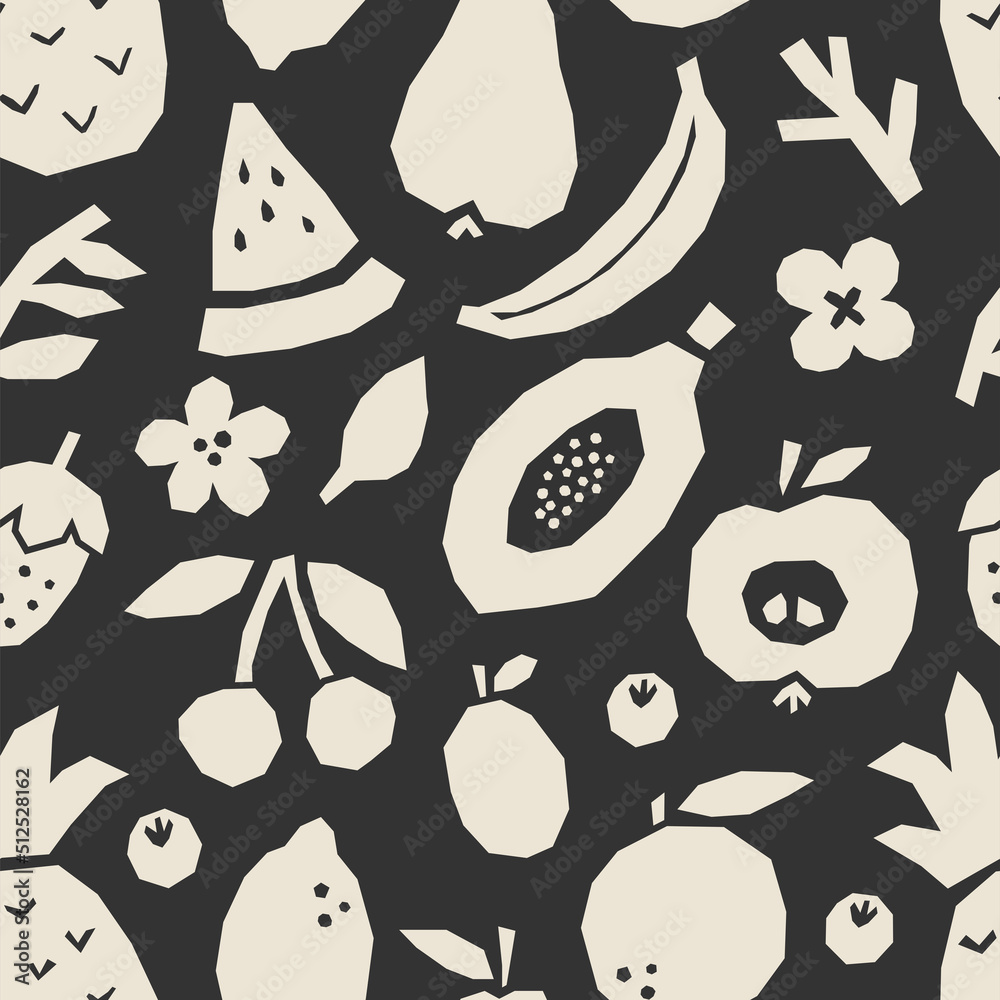 Abstract seamless pattern with fruits collage, cut paper