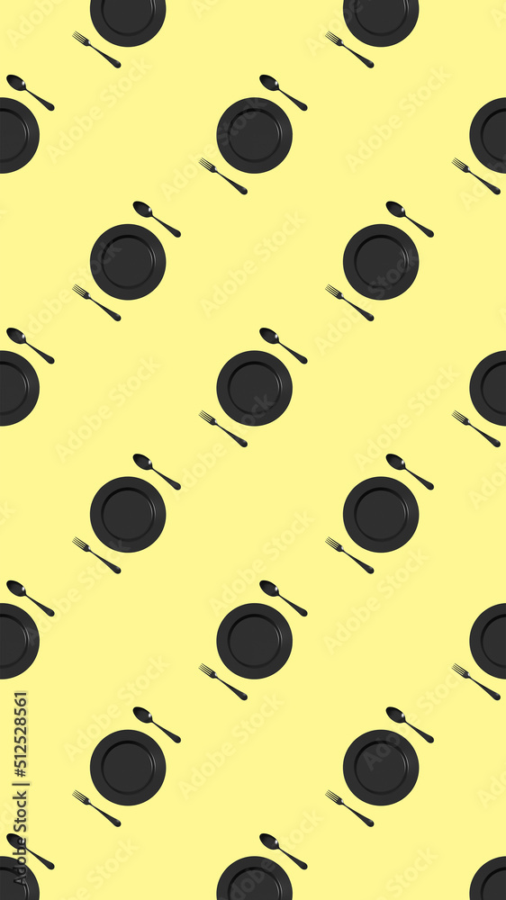 seamless pattern. kitchen utensils on a pastel yellow background. fork, spoon, plate. Template for surface application. Flat lay. Vertical image. 3D image. 3D rendering. seamless pattern. kitchen utensils on a pastel yellow background. fork, spoon, plate. Template for surface application. Flat lay. Vertical image. 3D image. 3D rendering.