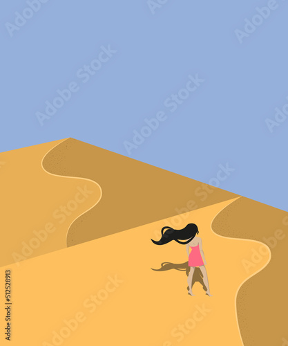 Girl in pink dress walks along dunes  sand.vector illustration.