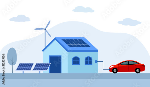 Electric car charging at home with solar panels and wind power station green energy.