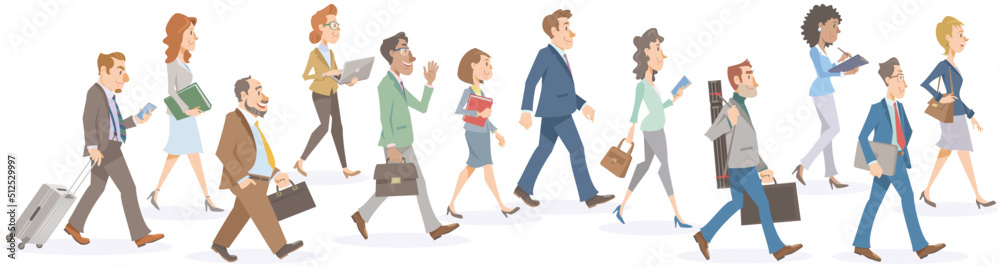 Set of business people walking on white background. Diverse office workers walking with smile. Vector illustration in flat cartoon style.