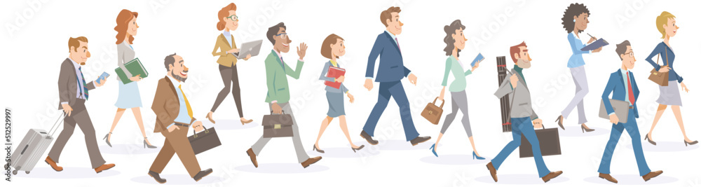 Set of business people walking on white background. Diverse office workers walking with smile. Vector illustration in flat cartoon style. Set of business people walking on white background. Diverse office workers walking with smile. Vector illustration in flat cartoon style.
