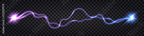 Electric discharge collision; blue vs purple shock effect.; glowing lightning thunder bolt. Electric light flash; power wire impulse. Swirl wavy cable. Isolated effect. Vector illustration