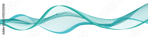 Teal wave swirl swoosh; sea water color flow; dynamic undulate movement. Isolated design element; banner background; twisted curve lines; blue and green wavy border. Vector illustration