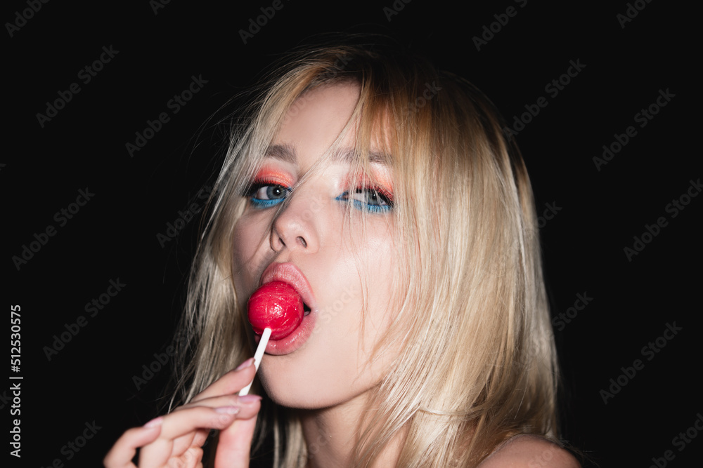 Desire. Sexy woman face. Sensual glamorous attractive lady licking yummy sugary lollypop with red lips. Girl sucks lollipop. Flirting sexy female pop art style. Desire. Sexy woman face. Sensual glamorous attractive lady licking yummy sugary lollypop with red lips. Girl sucks lollipop. Flirting sexy female pop art style.