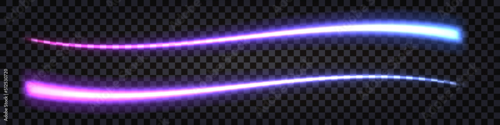 Glowing laser beam; neon wavy swoosh with  light thunder bolt effect. Purple to blue gradient; electric impulse dynamic; line.  Techno futuristic energy ray; isolated element. Vector illustration
