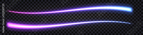 Glowing laser beam; neon wavy swoosh with  light thunder bolt effect. Purple to blue gradient; electric impulse dynamic; line.  Techno futuristic energy ray; isolated element. Vector illustration
