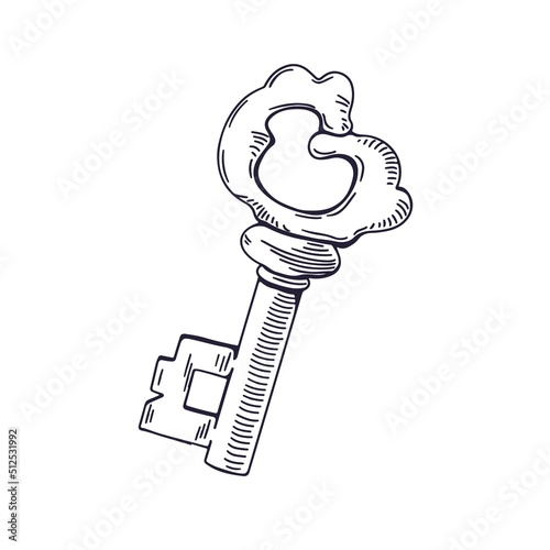 Old antique ornate door key drawn in vintage style. Engraved drawing of ancie...
