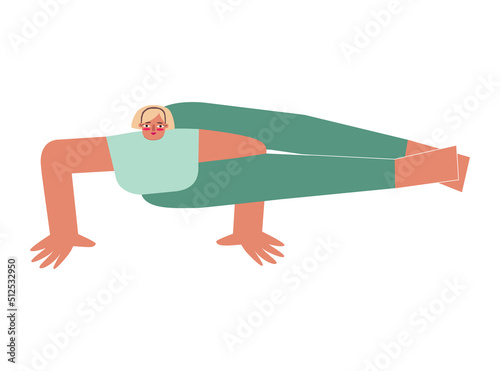 Vector isolated flat concept with female character. Sportive exercise with Arm Balance- Eight Angle Pose. Strong woman learns posture - Astavakrasana photo