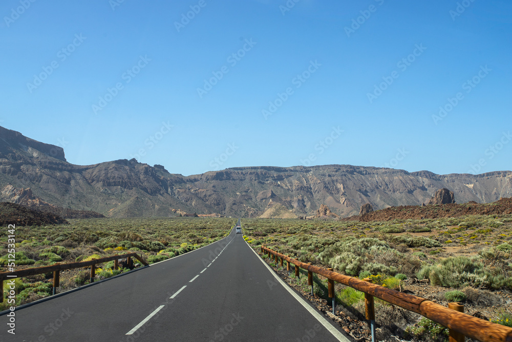 The Open Road with vulcan mountains in national teide park, Tenerife island.