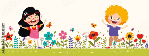 Children Playing In Colorful Flowers