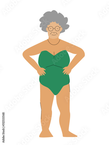 Old woman with a green swimwear and glasses.
