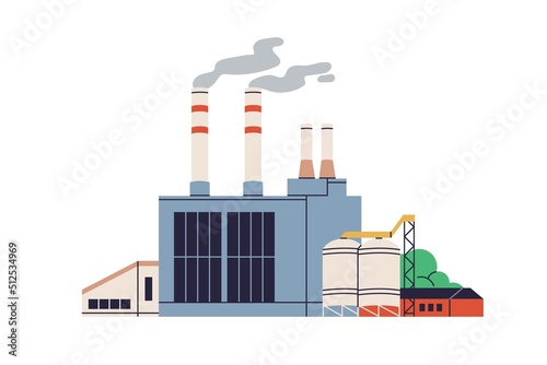 Power plant for electric energy production. Gas industry station factory. Abstract industrial building with towers chimneys  tanks  pillars. Flat vector illustration isolated on white background