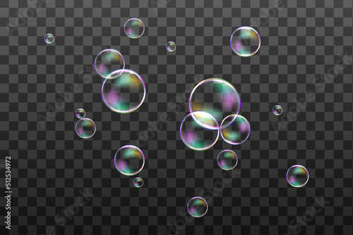 Set of transparent soap bubbles on checkered background.Reaistic colored balls.Vector texture.