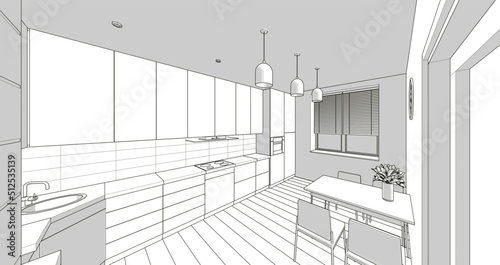 kitchen interior sketch 3d rendering