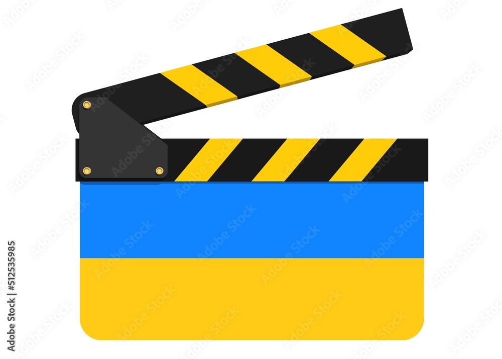 slate Film Ukraine war. 3D clapper-slate with inscriptions. Slate-clapper Digital. Clapper Ukraine Flag.