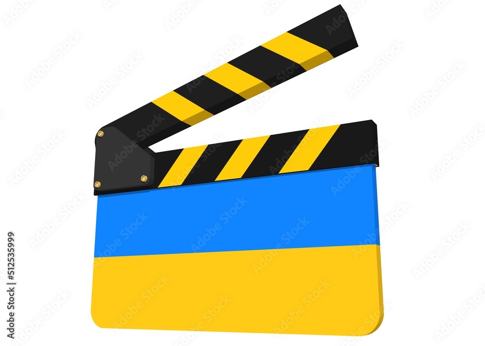 slate Film Ukraine war. 3D clapper-slate with inscriptions. Slate-clapper Digital. Clapper Ukraine Flag.