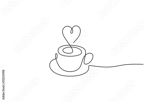 One continuous single line of hand drawn with cup of coffee decorated with heart symbol isolated on white background.