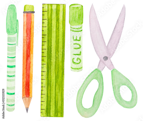 Watercolor collection of school tools. Pen, pencil, ruler, glue and scissors isolated on white background.