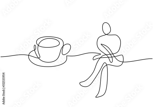 One continuous single line of hand drawn with relaxed people sitting drinking coffee isolated on white background.