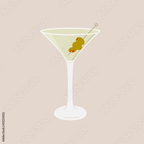 Classic Martini Cocktail in glass garnished with green olives on skewer. Summer aperitif retro elegant card. Alcoholic beverage minimal trendy design. Vector flat illustration isolated on background.