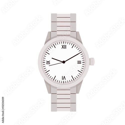 Hand wristwatches with classic analog round dial in retro style. Silver wrist watches design with steel bracelet. Handwatches with chronograph. Flat vector illustration isolated on white background