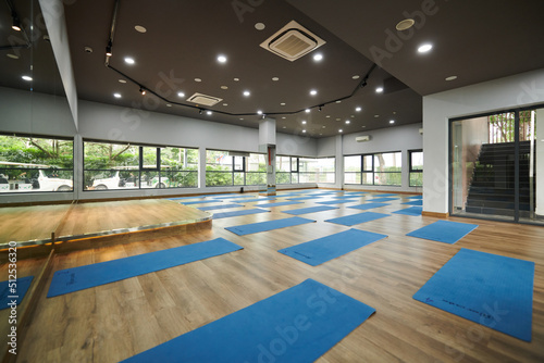 Spacious empty dance studio with many yoga mats on hardwood floor