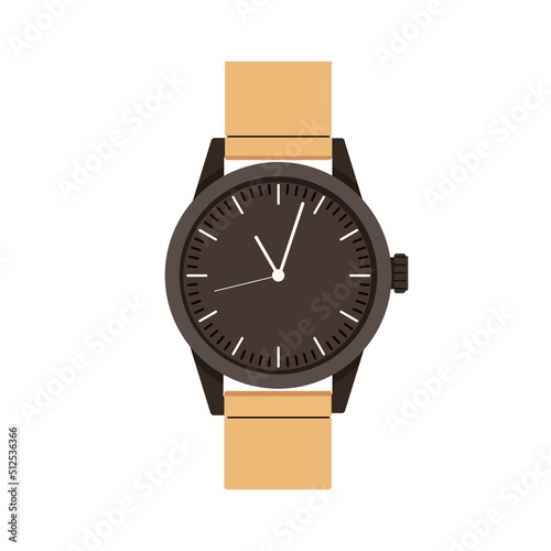 Wristwatch, hand watches design with leather bracelet, round quartz dial and arrows. Analogue wrist watch with chronograph. Arm clocks with strap. Flat vector illustration isolated on white background