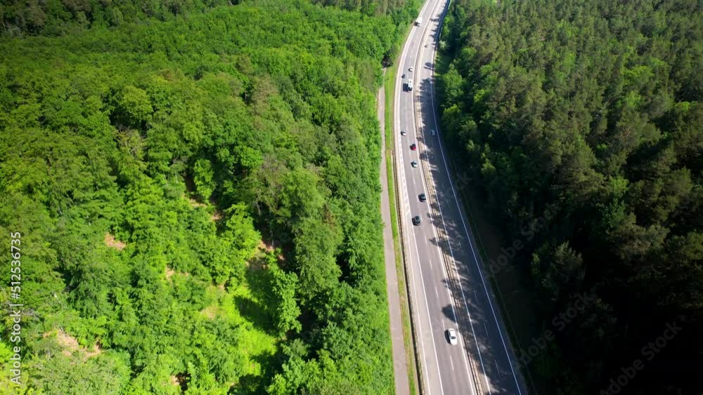 Traveling On The European Route Through Dense Green Forest In Gdynia, Poland. aerial tilt down