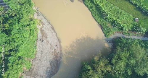 Big river with brown water surrounded by dense of trees. There are coconut trees and bamboo trees on the riverside. Central Java, Indonesia photo