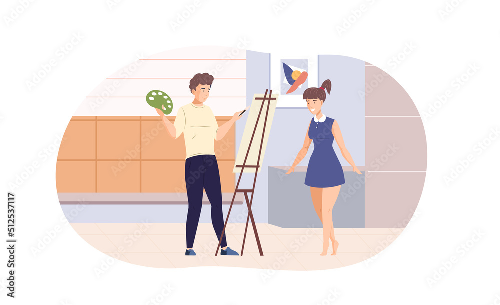 Fototapeta premium Male artist drawing portrait of girl on canvas at workshop