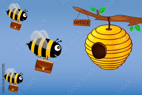 Worker bees with briefcases fly to work in the office