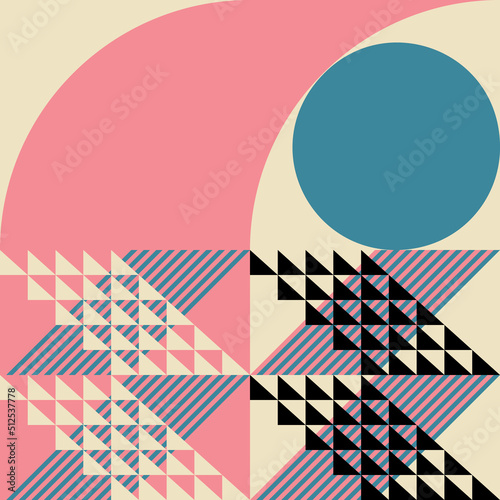 Fototapeta Naklejka Na Ścianę i Meble -  Modern abstract geometric  vector seamless pattern with simple elements and shapes like circle, square and triangle. Graphic pastel colored minimalist background.