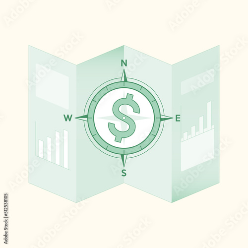 Compass with dollar sign needle on financial information leaflet as a gimmick of financial direction. Vector illustration outline flat design style.