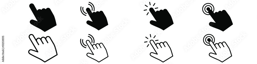 Hand click vector icon set. Hand pointer collection sign collection. Cursor symbol or logo. Hand click vector icon set. Hand pointer collection sign collection. Cursor symbol or logo.
