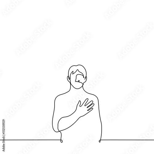man stands holding his heart with one hand - one line drawing vector. concept of heart pain, heart attack, pray, swear, take an oath