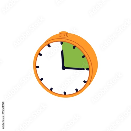 15 minute time interval on stopwatch timer. Fifteen 15 m countdown on watches, clocks. 15m break, wait. Fast delivery icon. Flat vector illustration isolated on white background