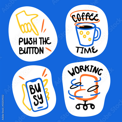 Work stickers doodle in cartoon style. Office work, employee. Vector illustration. Icons. Push the button, coffee, busy, phone in hand, swivel office chair.