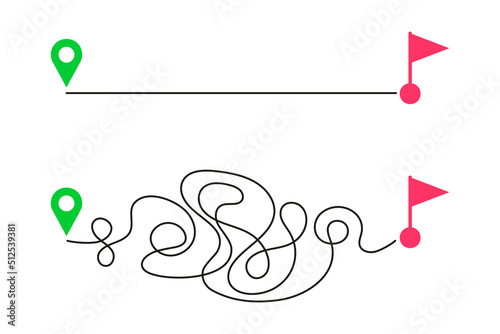 Straight and curved paths from start map pin to finish flag sign. Easy and hard way, fast and slow delivery, expectation and reality plan, ideal and real life concept. Vector flat illustration