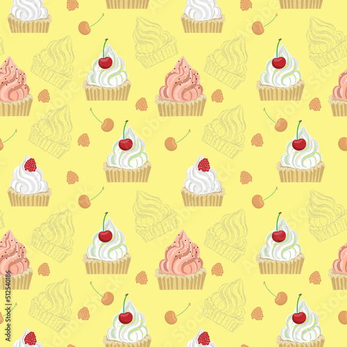 seamless pattern with cupcakes, cherries, raspberries on a yellow background. Illustration