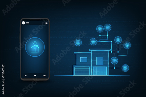 Vector smart home with smart phone technology concept.