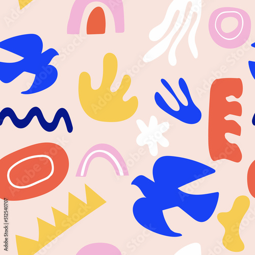 Abstract seamless pattern, colorful forms background, endless texture with hand drawn doves and plants for textiles, cards