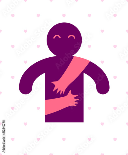 Beloved man with care hands of a lover woman hugging and caresses his chest, vector icon logo or illustration in simplistic symbolic style.