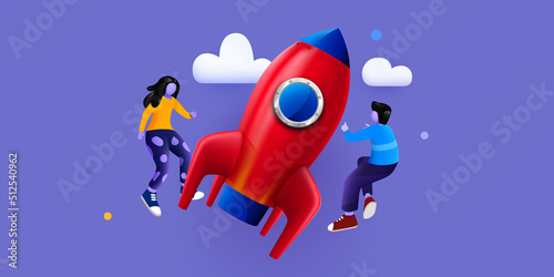 People flying around big rocket. Startup and starting business concept. Web page, banner, presentation. Business project startup process